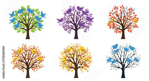 Six colorful trees with birds in each representing different seasons.