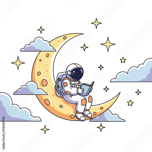 Astronaut reading book on the moon surrounded by stars and clouds vector on isolated  white background