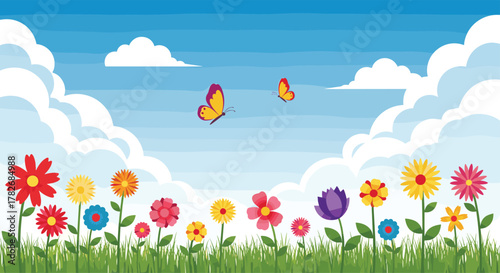 A vibrant meadow with colorful flowers and butterflies fills the sky.