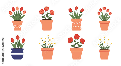 A collection of potted flowers in various designs and colors.