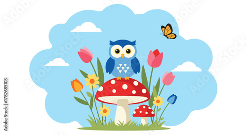 A cute blue owl sits on a toadstool in a meadow with flowers and a butterfly.
