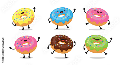 Cute cartoon donuts dancing with joy in bright colors and sprinkles.