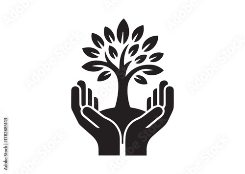 Tree in open hands with handful icon, Tree in open hands with handful solid vector