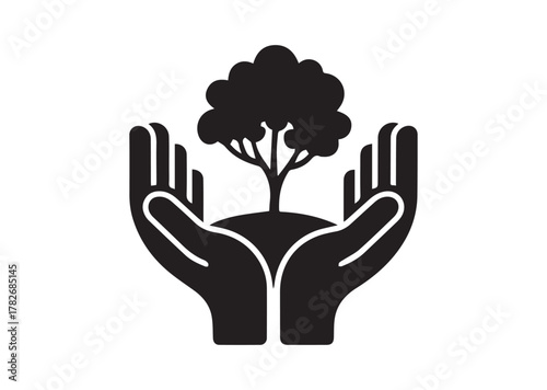 Tree in open hands with handful icon, Tree in open hands with handful solid vector