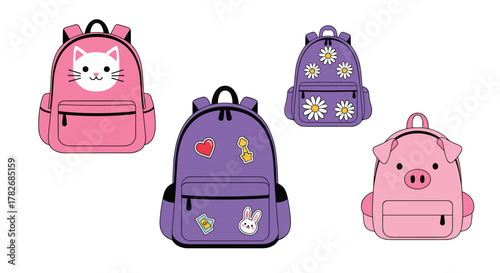 A collection of adorable pixel art backpacks with cute animal and floral designs for children.