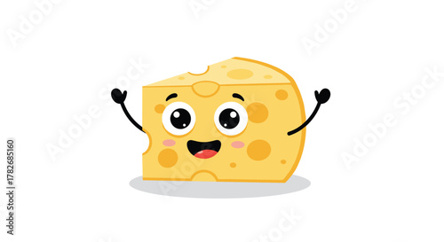A happy wedge of swiss cheese with a cheerful face and raised arms.