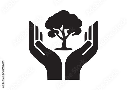 Tree in open hands with handful icon, Tree in open hands with handful solid vector