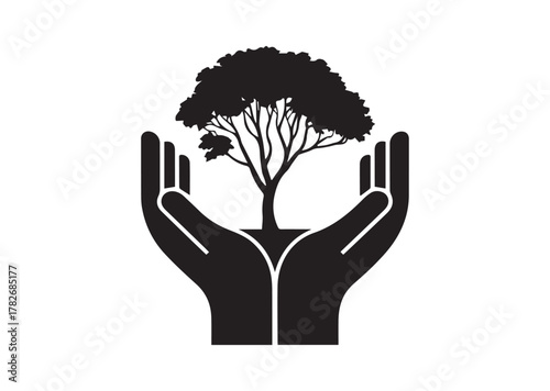 Tree in open hands with handful icon, Tree in open hands with handful solid vector