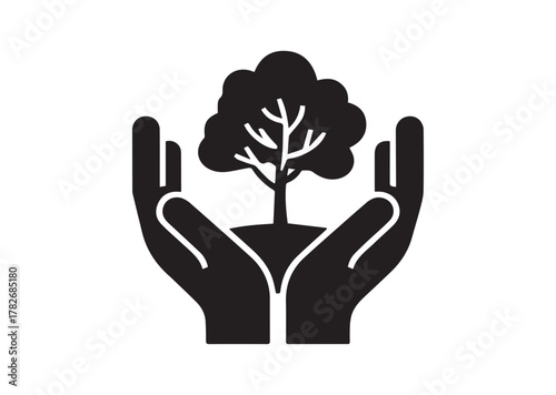 Tree in open hands with handful icon, Tree in open hands with handful solid vector