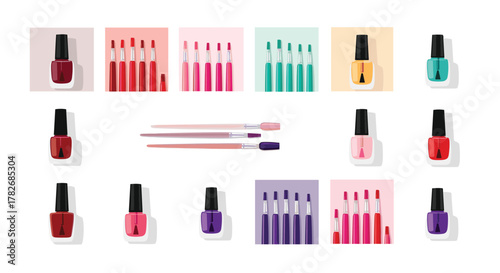 A vibrant collection of colorful nail polish bottles and makeup brushes arranged in neat rows against a clean white backdrop.