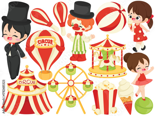 Vector Circus Carnival Clip Art Set Cute Clown Ringmaster Carousel Ferris Wheel Tent Popcorn Ice Cream Balloon Illustration Amusement Park Party Fun Fair Festival