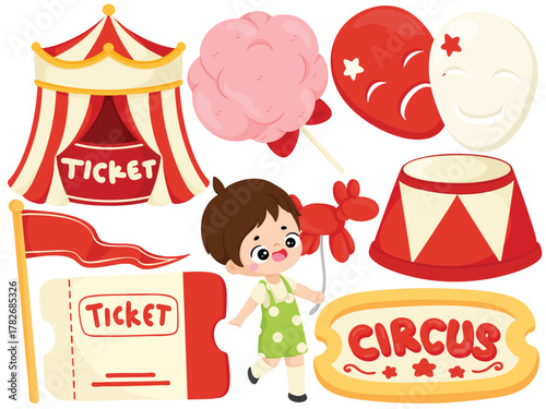 Vector Circus Carnival Clip Art Set Cute Girl Tent Ticket Cotton Candy Balloon Mask Podium Flag Illustration Amusement Park Party Fun Fair Festival Element