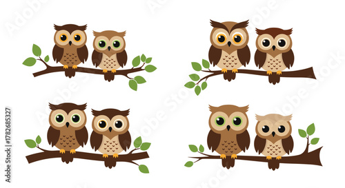 A charming collection of cartoon owls perched on branches offering delightful visual appeal for various projects.