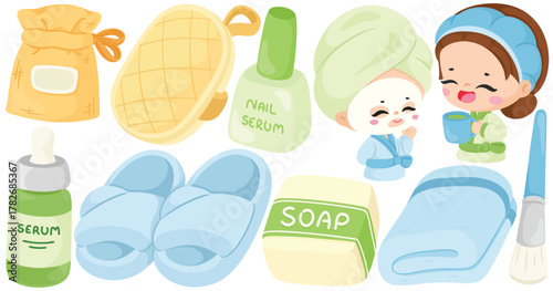 Vector Self Care Clip Art Set Beauty Relax Girl Facial Mask Serum Nail Serum Soap Slippers Sponge Towel Spa Skincare Illustration Isolated on White Background Graphic