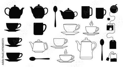 A collection of simple illustrations of teacups teapots spoons and tea bags.