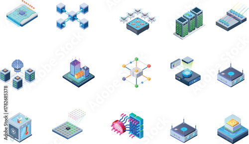 Advanced Technology, Data, AI, and Computing Isometric Icon Set