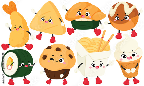 Vector Fast Food Character Clip Art Set Cute Kawaii Tempura Onigiri Sushi Noodle Takoyaki Muffin Illustration Mascot Asian Food Snack Menu