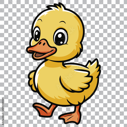 A cute, fluffy yellow duckling with big eyes and an orange beak is depicted walking. The background is transparent.