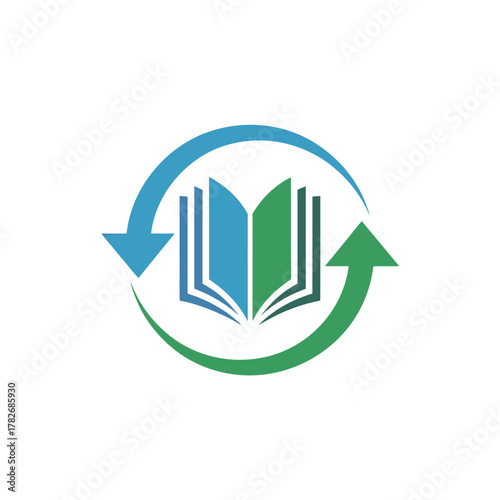 Open book with circular arrows symbolizing knowledge transfer and learning