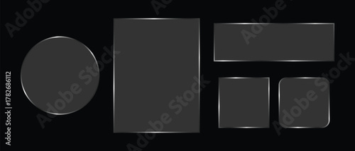 glass effect  geometric shapes like circle, square, rectangle, and rounded square on a black background