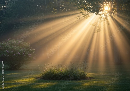 Golden sunbeams pierce through misty forest canopy