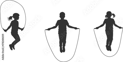 Silhouette illustration of children jumping rope in active motion, outdoor exercise activity promoting health, fitness, energy, and fun childhood lifestyle design