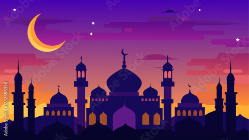 Silhouette of a mosque at dusk with moon and stars on transparent background