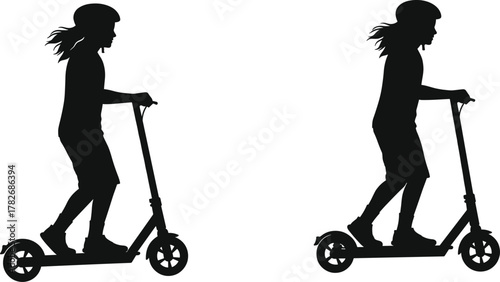 Silhouette illustration of a young woman riding an electric scooter wearing a helmet, modern urban transportation concept for eco mobility and city lifestyle design