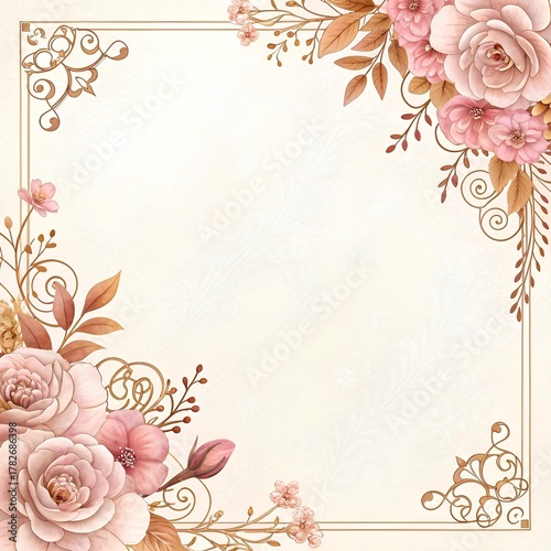 Ornate square frame with rose gold filigree and blush-pink corner flowers, glowing under soft golden light for a warm, romantic, and graceful atmosphere

