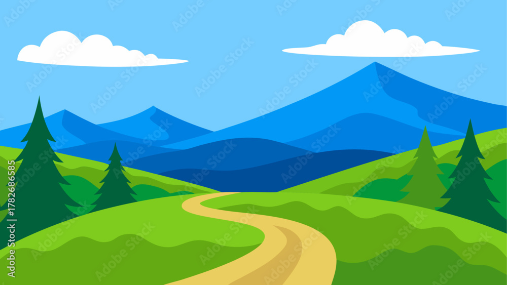 Naklejka premium Cartoon landscape with mountains trees and clouds on transparent background