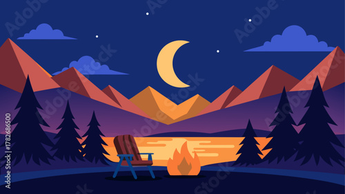 Illustration of a night landscape with campfire on transparent background
