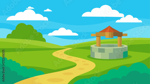 Cartoon landscape with well path and cloudy sky on transparent background
