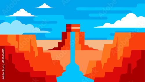 Illustration of canyon with waterfall and blue sky on transparent background
