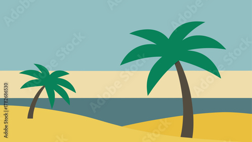 Two palm trees on a beach with ocean and sky view on transparent background