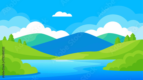 Landscape view of lake hills and cloudy blue sky on transparent background