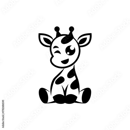 Illustration of a winking giraffe sitting in black and white on transparent background
