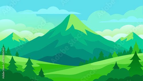 Green mountain landscape with trees and cloudy sky on transparent background