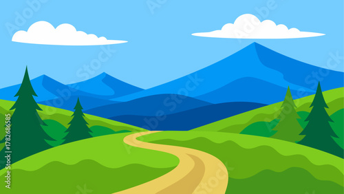 Cartoon landscape with mountains trees and clouds on transparent background
