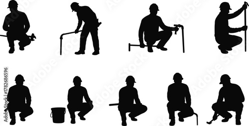 Silhouette illustration of construction workers performing various tasks with tools and equipment, industrial labor concept for engineering, architecture, repair, and safety design themes