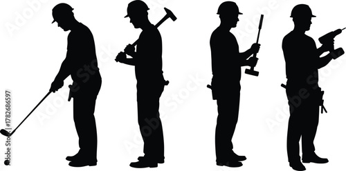 Silhouette illustration of construction workers standing with various tools and equipment, professional labor concept for architecture, engineering, repair, industry, and safety design themes