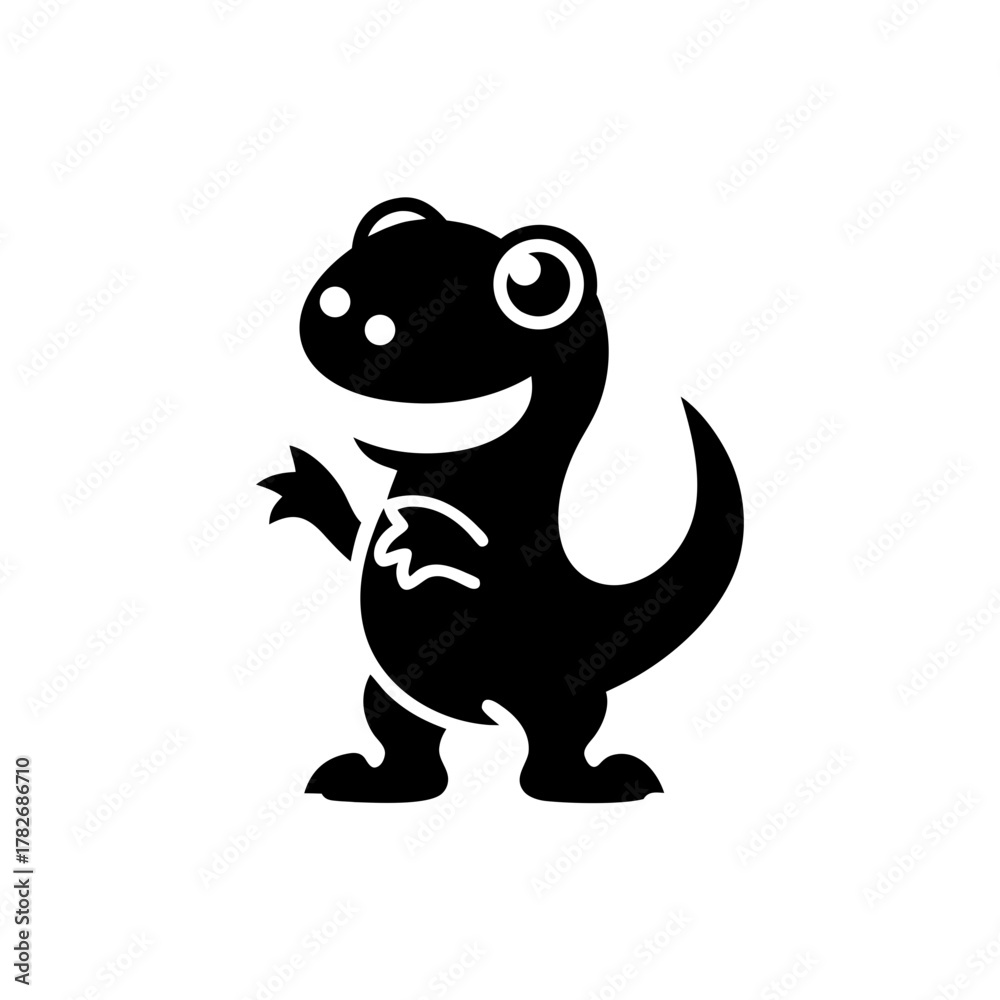 Fototapeta premium Illustration of a friendly cartoon dinosaur in black on transparent background