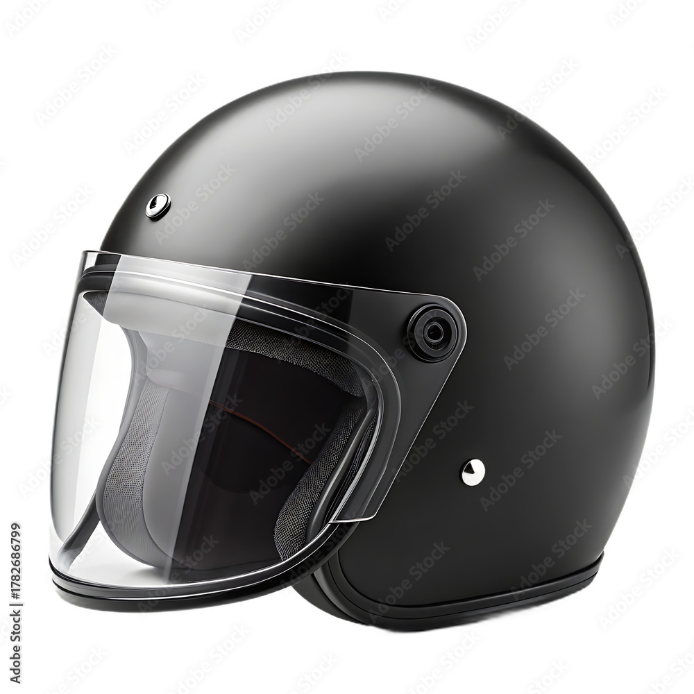 Fototapeta premium A matte black motorcycle helmet with a clear face shield on a black background in a studio setting