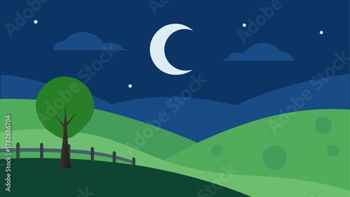 Illustration of a night landscape with moon and tree on transparent background