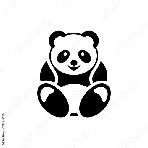Illustration of a seated panda bear in black and white on transparent background