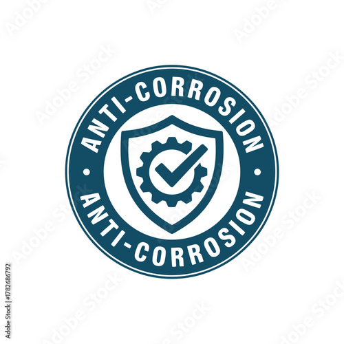 Circular emblem featuring a shield with gear and checkmark symbolizing anti corrosion protection