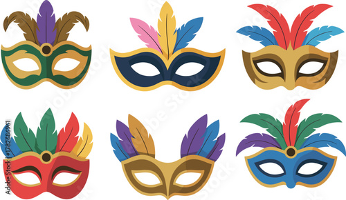 Colorful feather masquerade mask collection, carnival party accessories, festive costume illustration, decorative fashion design, cad drawing flat vector illustration