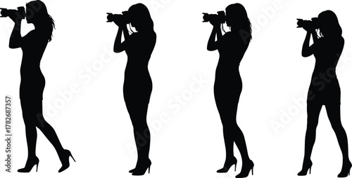 Silhouette illustration of woman photographer holding camera in different poses, professional photography vector art for creative design, studio, and fashion concepts