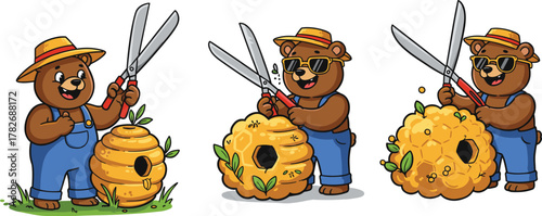 Cute bear trimming honeycomb, funny beekeeper bear cartoon, adorable brown bear with scissors and beehive in garden illustration