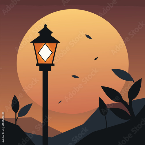Street lamp and moonlit landscape at dusk post light