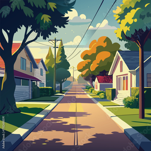 Suburban Street with Houses and Trees in Autumn Sunlight